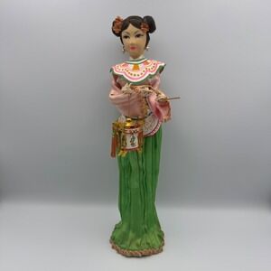 Vintage Asian Doll Woman‎ Oriental Figurine Lantern Silk Dress Collectible